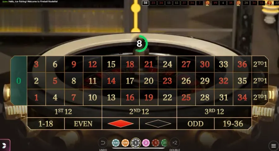 Fireball Roulette betting grid with numbers 0 to 36 and the spinning wheel