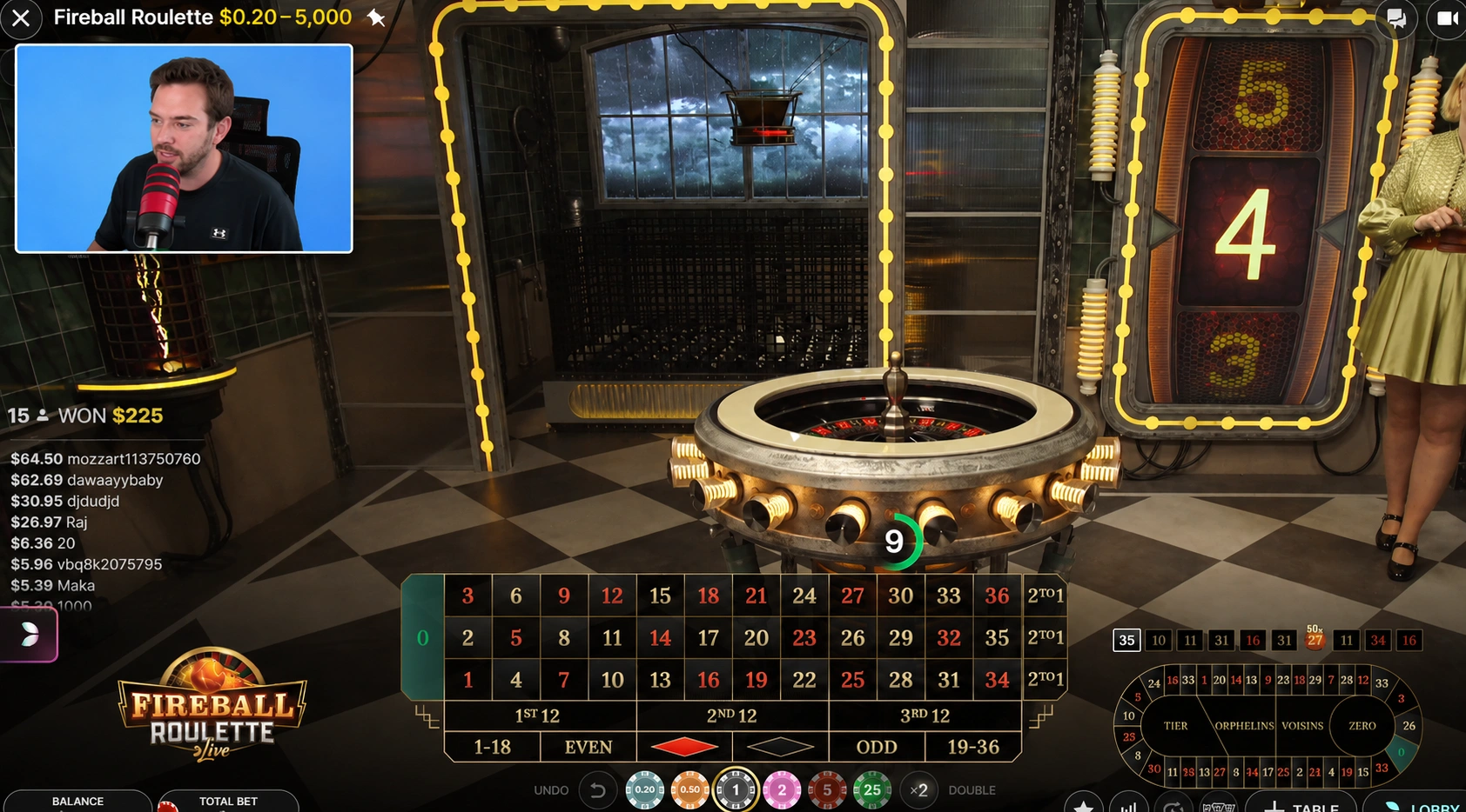 James Grosjean playing Fireball Roulette live with a 4 Bonus Number on screen