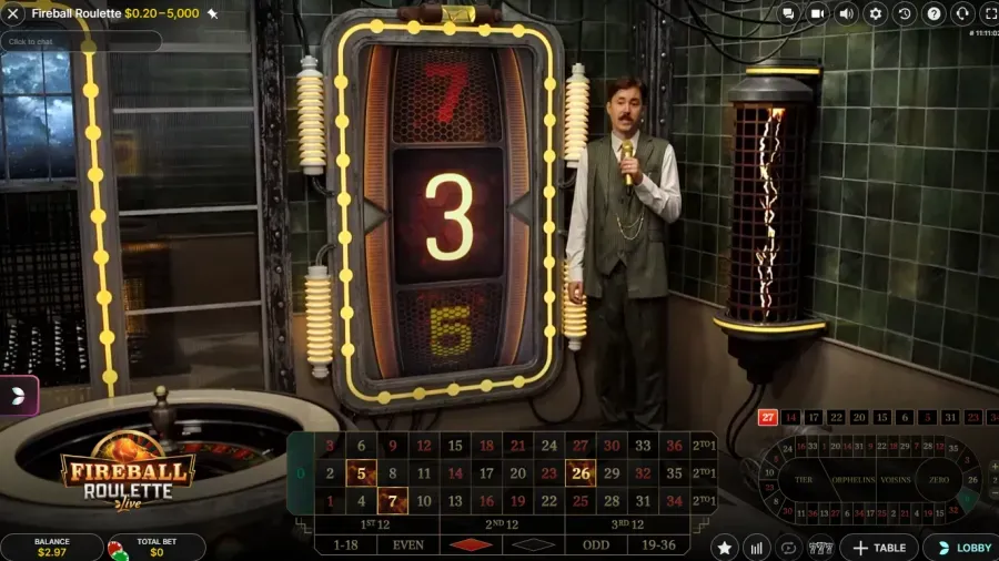 Fireball Roulette live studio with the Bonus Number slot machine showing a 3