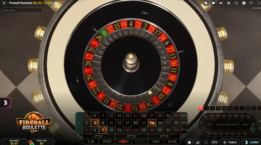 Top-down view of the Fireball Roulette single-zero wheel mid-spin